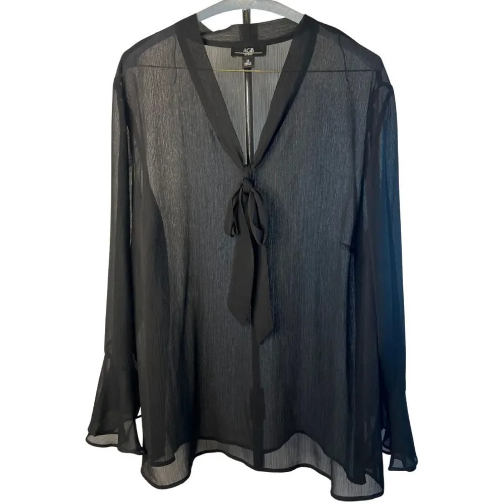 AGB Sheer Black Tie Front Long Bell‎ Sleeve Blouse Size 1X